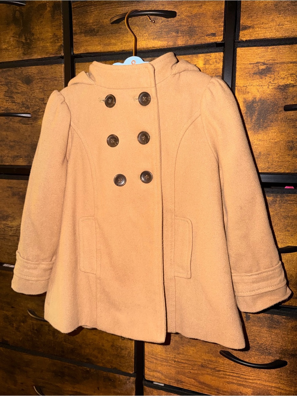 Toddler 4T Double-Breasted Tan Hooded Coat